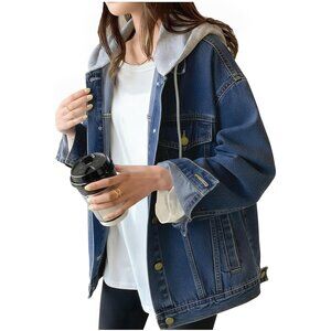 Women's Denim Jacket With Hood Oversized Distressed Jean Jackets Hoodie Z-Blue